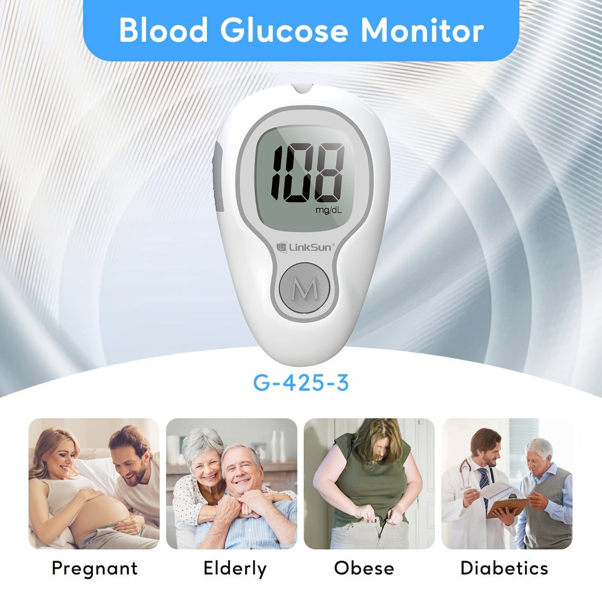 LinkSun G-425-3 Blood Glucose Monitor Kit, 100 Test Strips, 100 Lancets, 1 Blood Sugar Monitor, 1 Lancing Device, Diabetes Testing Kit No Coding, Glucometer Large Display, Diabetes Testing Kit for Home Use