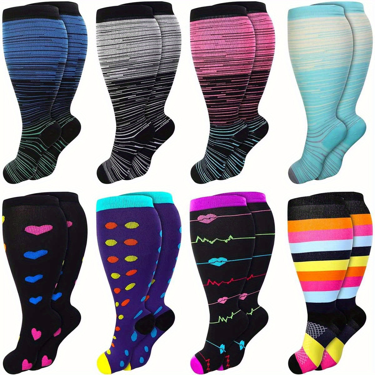 8 Pairs Plus Size Compression Socks Wide Calf for Men Women Knee Support Hose Medias De Compresión Para Mujer Accessories for Work Leg Long Compression Stockings Pregnancy Maternity Travel Beat Rated