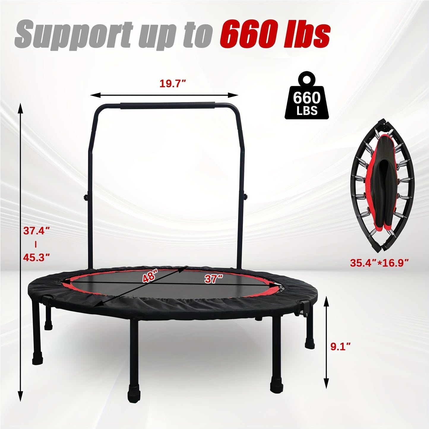 Mini Trampoline 40"/48", Max Load 660LBS, Foldable Fitness Rebounder Trampoline with Height Adjustable Handle Resistance Bands Indoor Workout