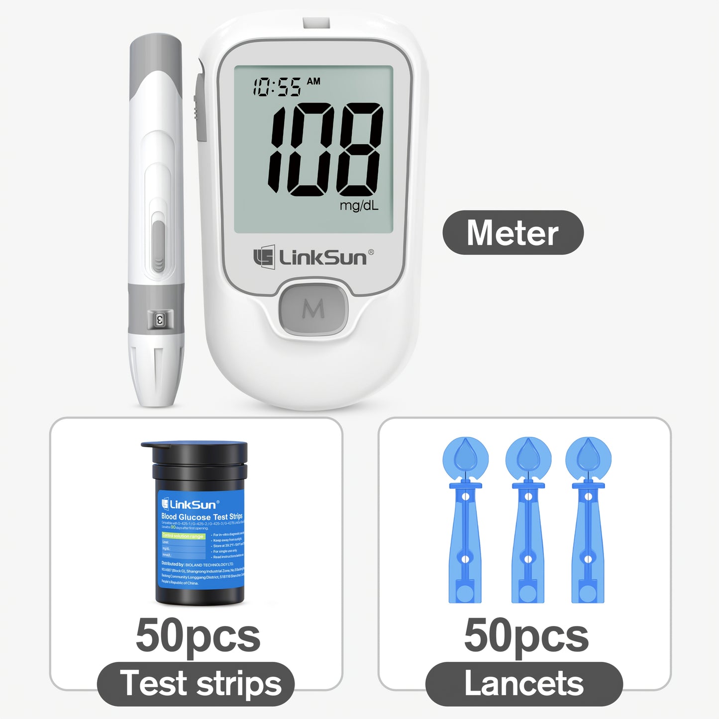 LinkSun Blood Glucose Meter Kit Includes Meter, 100 Test Strips, 100 Lancets, And Lancing Device, Easy-to-Use One-Touch Testing Diabetes Care Kit for Home Diabetes Care