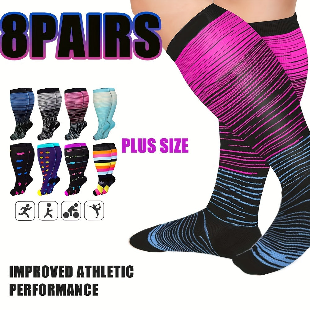8 Pairs Plus Size Compression Socks Wide Calf for Men Women Knee Support Hose Medias De Compresión Para Mujer Accessories for Work Leg Long Compression Stockings Pregnancy Maternity Travel Beat Rated