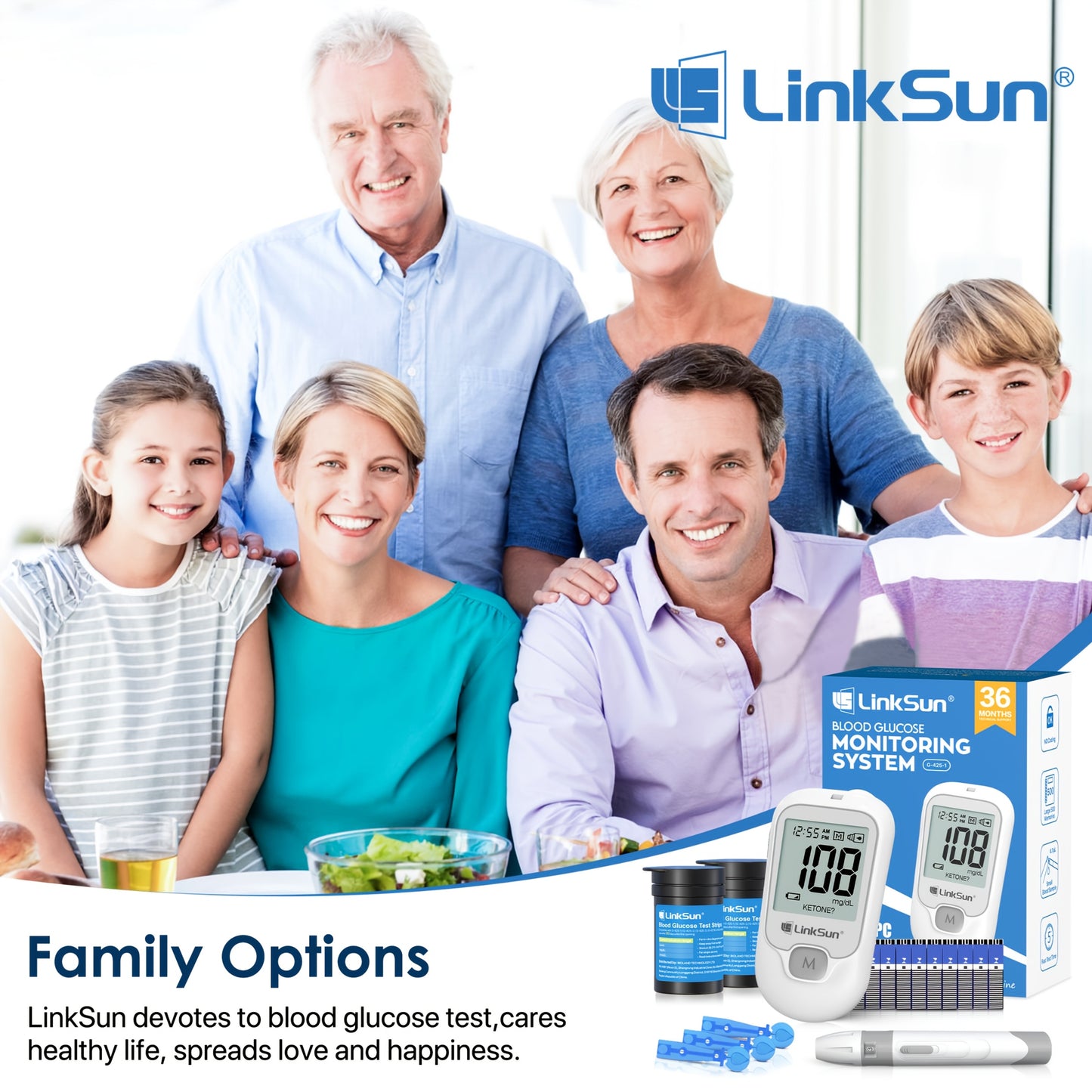 LinkSun Blood Glucose Meter Kit Includes Meter, 100 Test Strips, 100 Lancets, And Lancing Device, Easy-to-Use One-Touch Testing Diabetes Care Kit for Home Diabetes Care