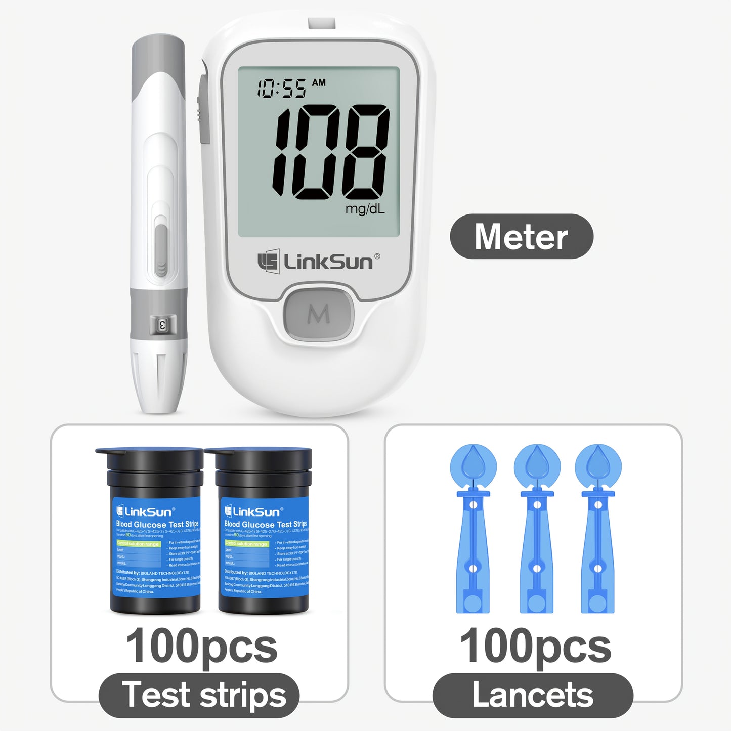 LinkSun Blood Glucose Meter Kit Includes Meter, 100 Test Strips, 100 Lancets, And Lancing Device, Easy-to-Use One-Touch Testing Diabetes Care Kit for Home Diabetes Care