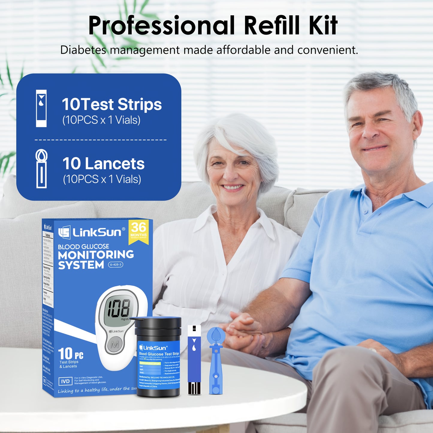 LinkSun G-425-3 Blood Glucose Monitor Kit, 100 Test Strips, 100 Lancets, 1 Blood Sugar Monitor, 1 Lancing Device, Diabetes Testing Kit No Coding, Glucometer Large Display, Diabetes Testing Kit for Home Use
