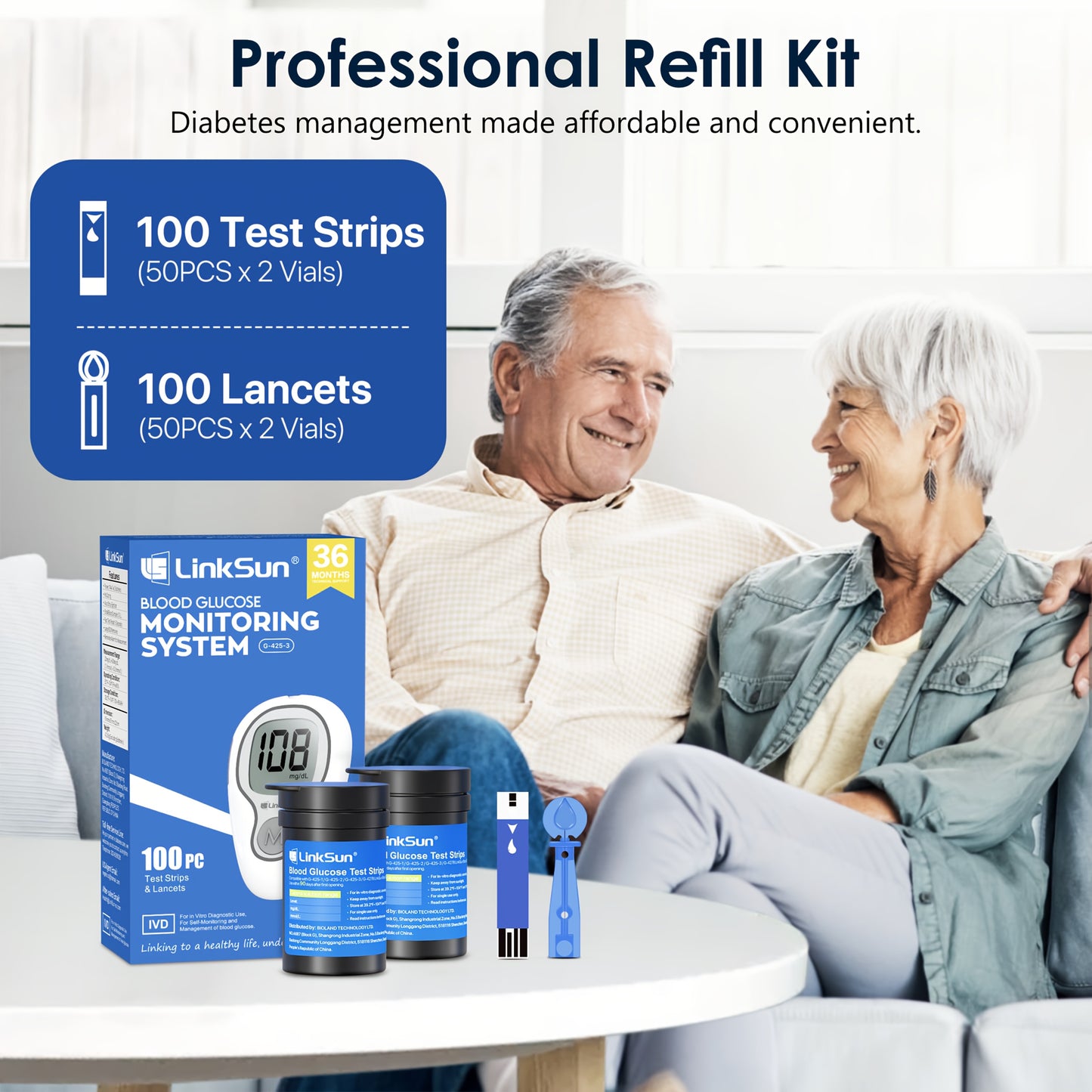 LinkSun G-425-3 Blood Glucose Monitor Kit, 100 Test Strips, 100 Lancets, 1 Blood Sugar Monitor, 1 Lancing Device, Diabetes Testing Kit No Coding, Glucometer Large Display, Diabetes Testing Kit for Home Use