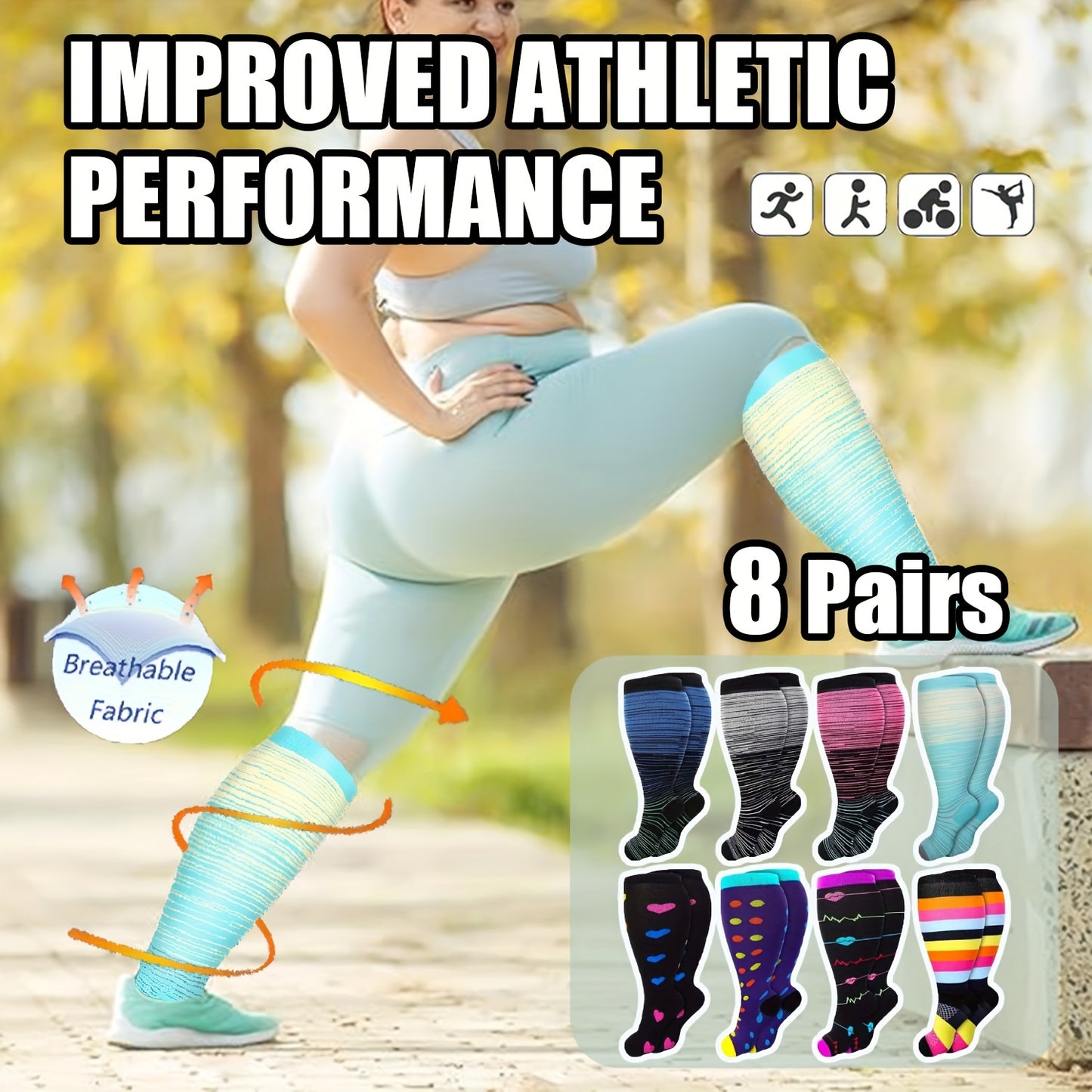 8 Pairs Plus Size Compression Socks Wide Calf for Men Women Knee Support Hose Medias De Compresión Para Mujer Accessories for Work Leg Long Compression Stockings Pregnancy Maternity Travel Beat Rated