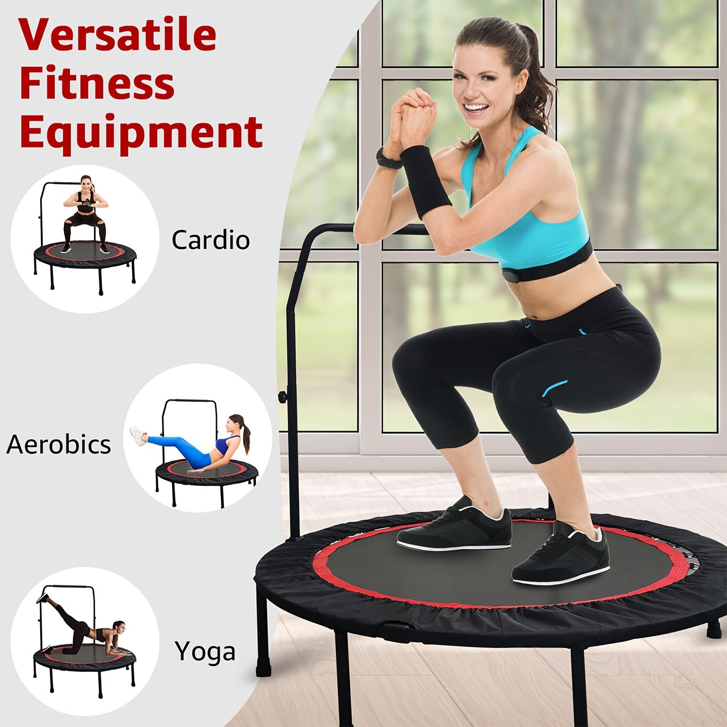 Mini Trampoline 40"/48", Max Load 660LBS, Foldable Fitness Rebounder Trampoline with Height Adjustable Handle Resistance Bands Indoor Workout
