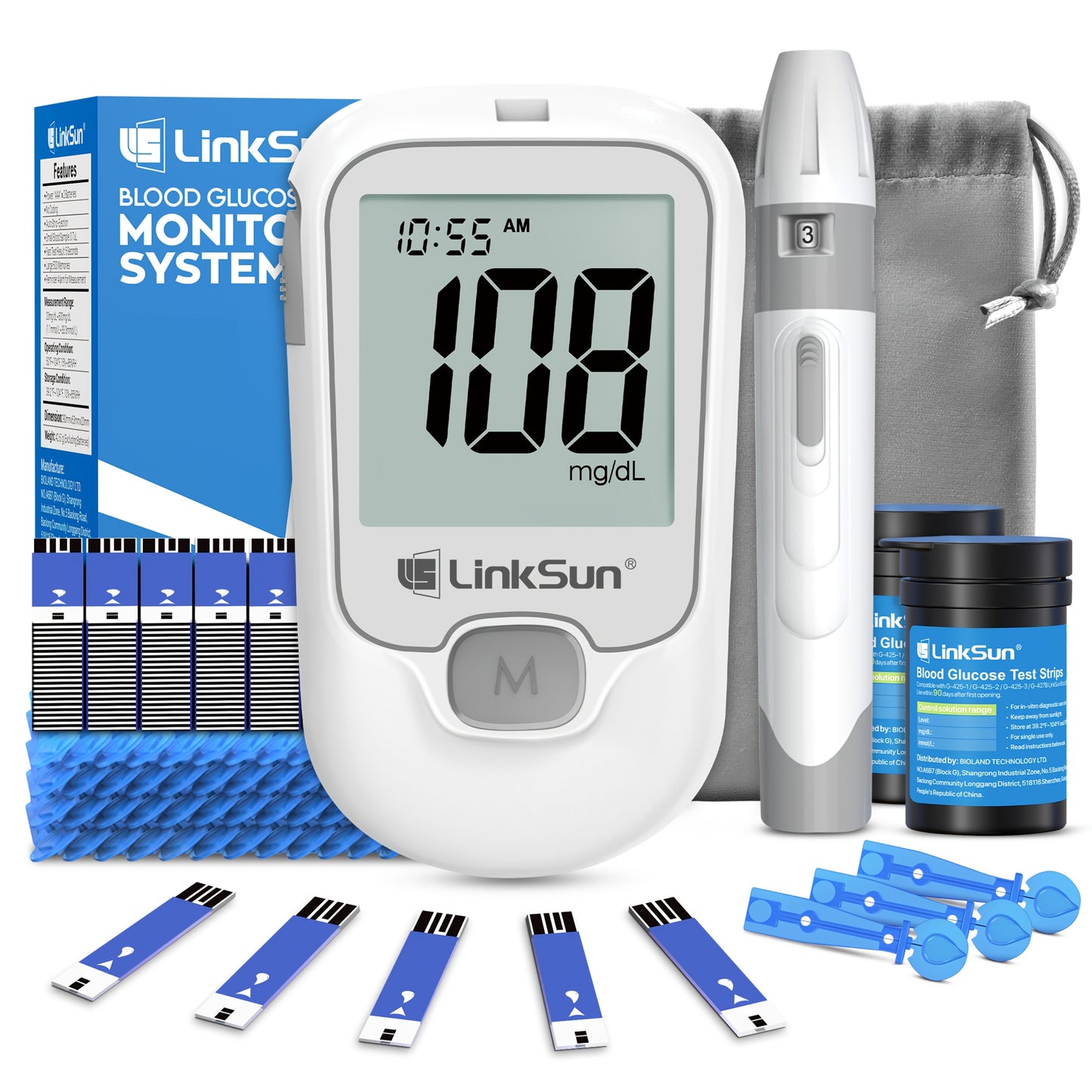 LinkSun Blood Glucose Meter Kit Includes Meter, 100 Test Strips, 100 Lancets, And Lancing Device, Easy-to-Use One-Touch Testing Diabetes Care Kit for Home Diabetes Care