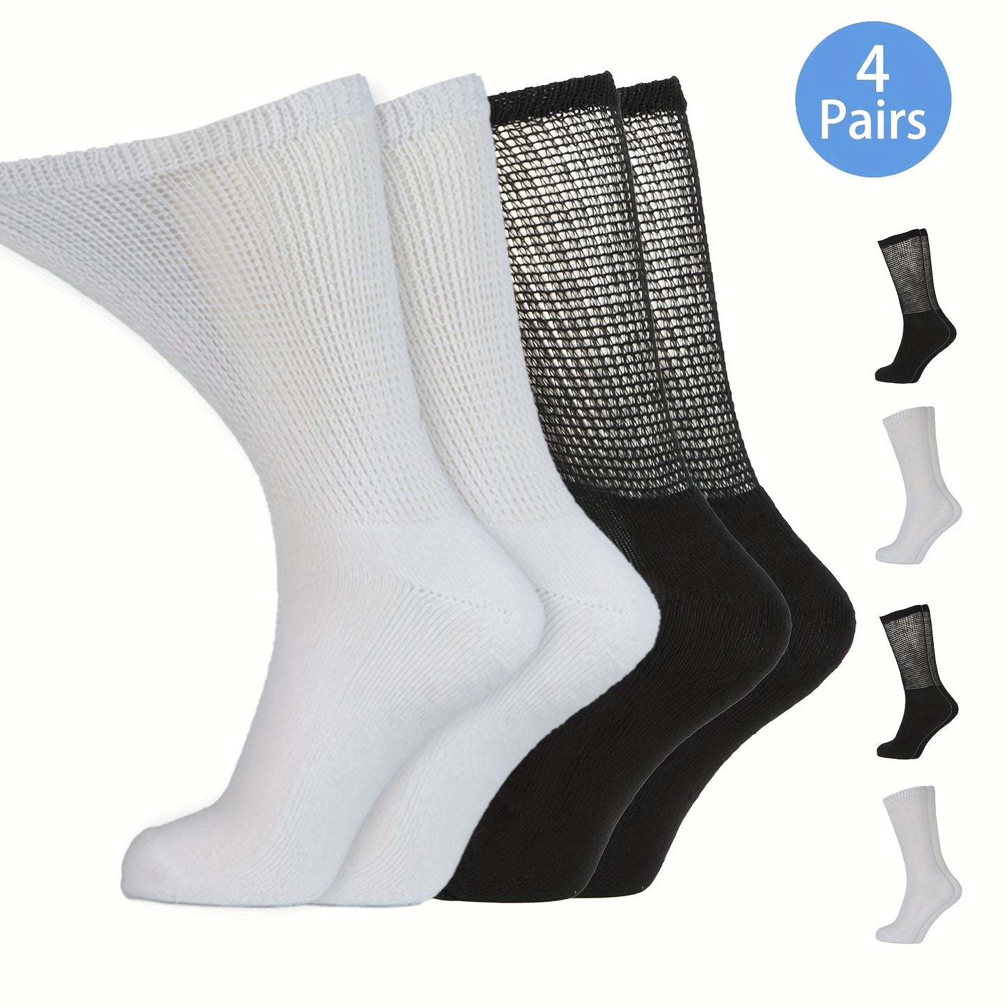 4 Pairs Diabetic Socks For Men Women Loose Fit Non-Binding Seamless Cuff Extra Wide Crew Socks