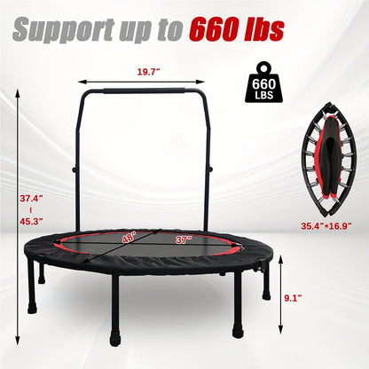 Mini Trampoline 40"/48", Max Load 660LBS, Foldable Fitness Rebounder Trampoline with Height Adjustable Handle Resistance Bands Indoor Workout