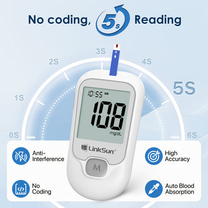 LinkSun Blood Glucose Meter Kit Includes Meter, 100 Test Strips, 100 Lancets, And Lancing Device, Easy-to-Use One-Touch Testing Diabetes Care Kit for Home Diabetes Care