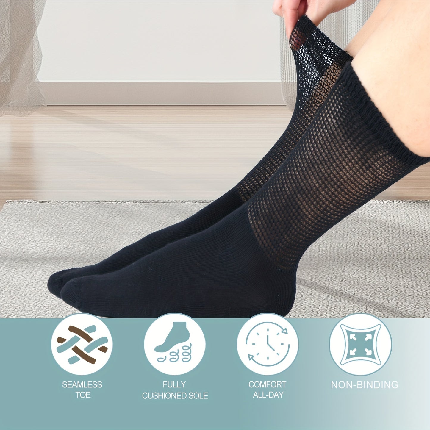 4 Pairs Diabetic Socks For Men Women Loose Fit Non-Binding Seamless Cuff Extra Wide Crew Socks