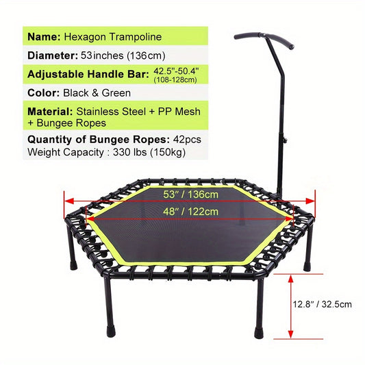 ONETWOFIT 1pc 48" Mini Trampoline With Adjustable Handle Bar, Fitness Trampoline For Workout