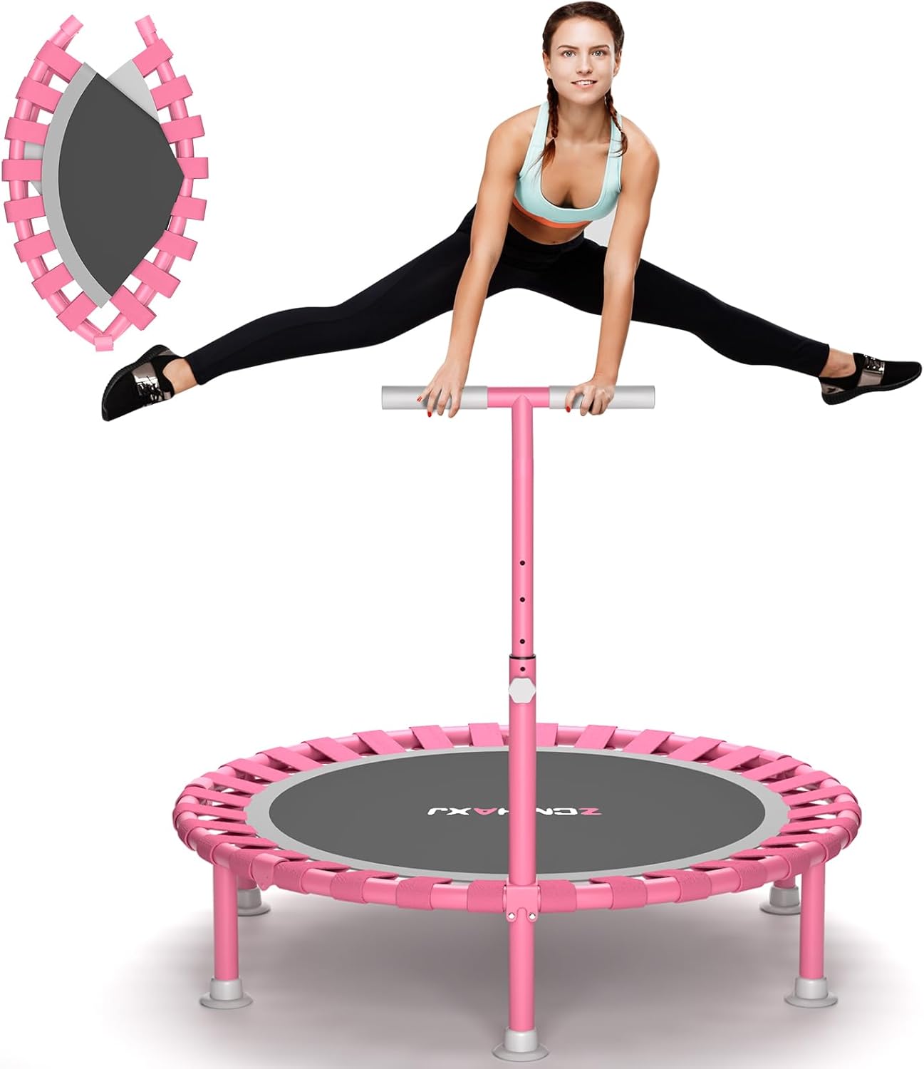 Foldable Mini Trampoline, 40" Rebounder Trampoline for Adults & Kids, 450Lbs Capacity with T-Shaped Adjustable Bar, Indoor Fitness Workout Exercise Equipment