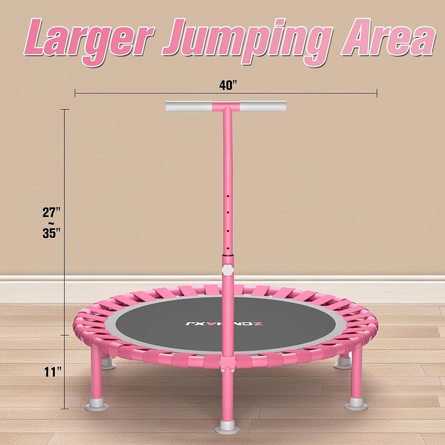 Foldable Mini Trampoline, 40" Rebounder Trampoline for Adults & Kids, 450Lbs Capacity with T-Shaped Adjustable Bar, Indoor Fitness Workout Exercise Equipment