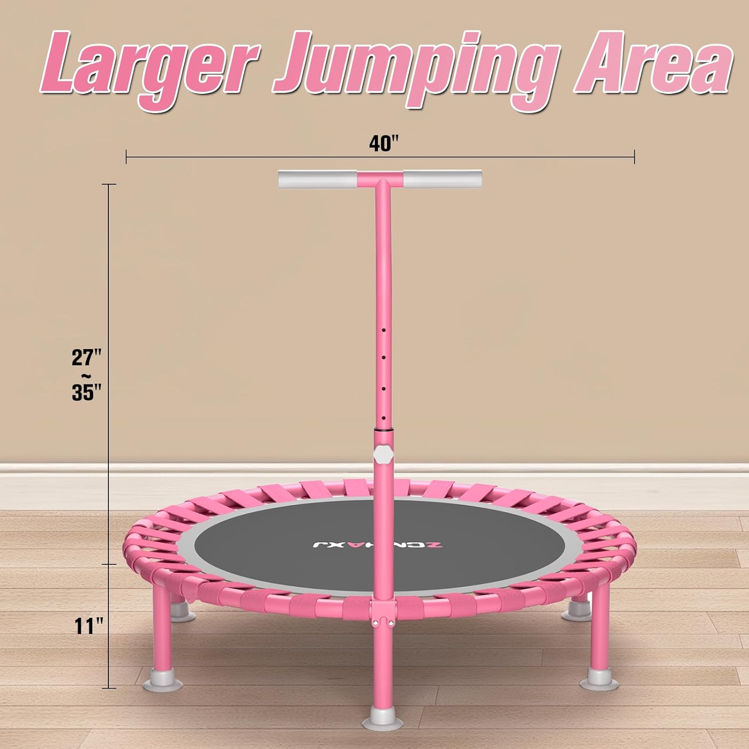 Foldable Mini Trampoline, 40" Rebounder Trampoline for Adults & Kids, 450Lbs Capacity with T-Shaped Adjustable Bar, Indoor Fitness Workout Exercise Equipment