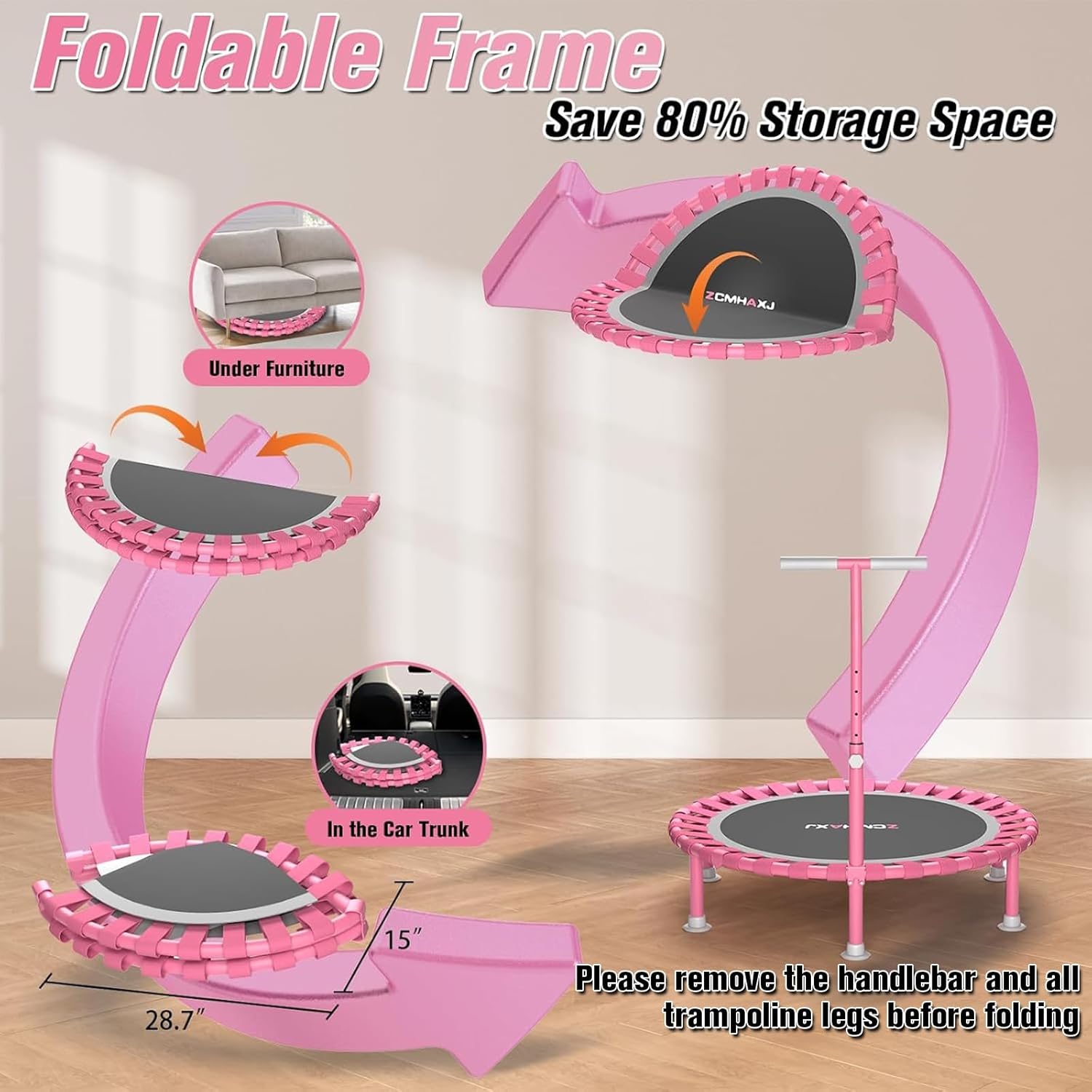 Foldable Mini Trampoline, 40" Rebounder Trampoline for Adults & Kids, 450Lbs Capacity with T-Shaped Adjustable Bar, Indoor Fitness Workout Exercise Equipment