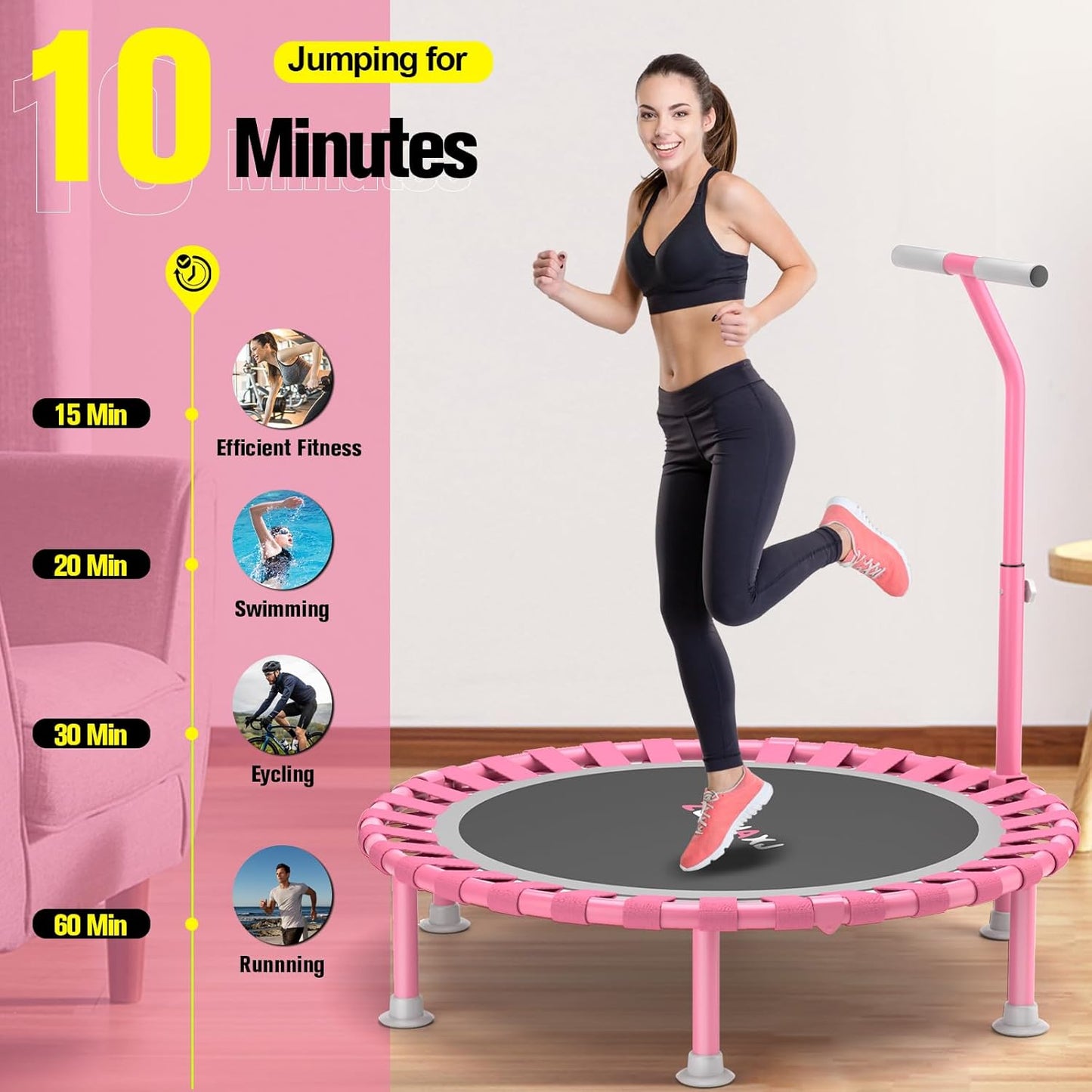 Foldable Mini Trampoline, 40" Rebounder Trampoline for Adults & Kids, 450Lbs Capacity with T-Shaped Adjustable Bar, Indoor Fitness Workout Exercise Equipment