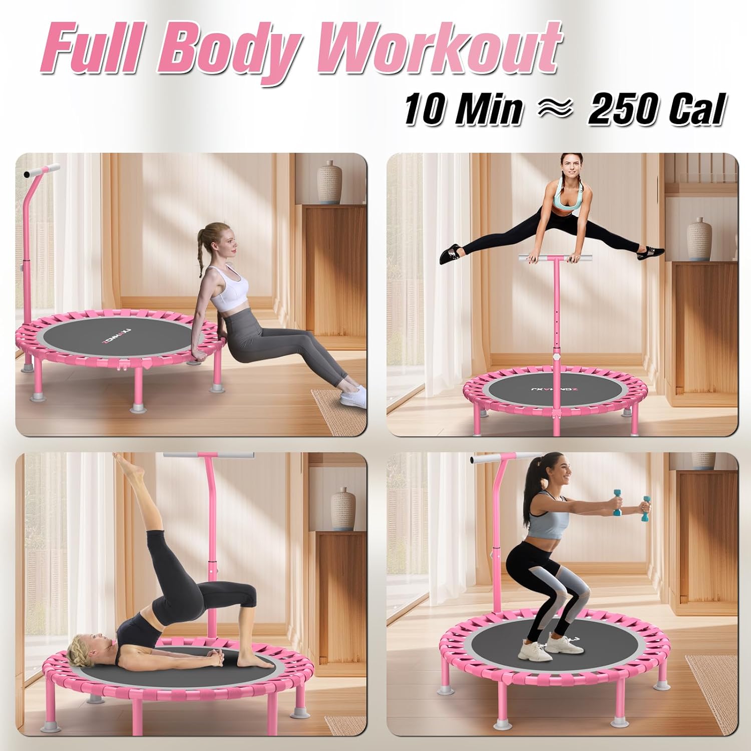 Foldable Mini Trampoline, 40" Rebounder Trampoline for Adults & Kids, 450Lbs Capacity with T-Shaped Adjustable Bar, Indoor Fitness Workout Exercise Equipment