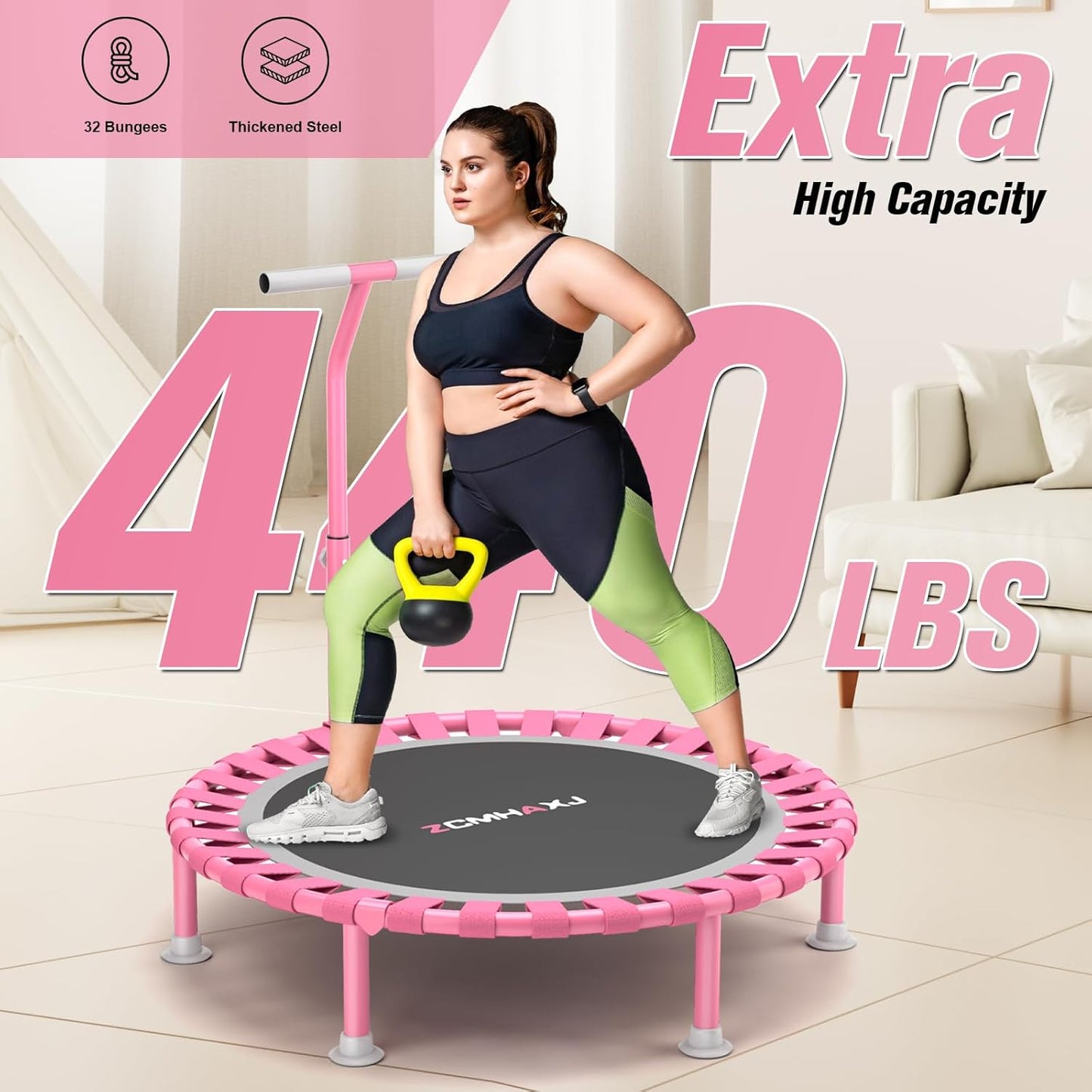 Foldable Mini Trampoline, 40" Rebounder Trampoline for Adults & Kids, 450Lbs Capacity with T-Shaped Adjustable Bar, Indoor Fitness Workout Exercise Equipment