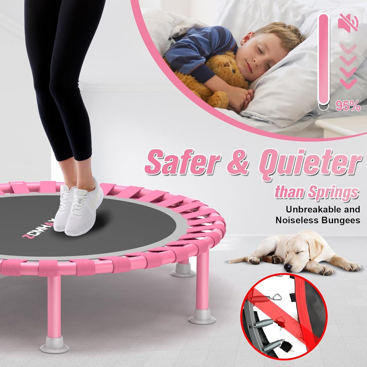 Foldable Mini Trampoline, 40" Rebounder Trampoline for Adults & Kids, 450Lbs Capacity with T-Shaped Adjustable Bar, Indoor Fitness Workout Exercise Equipment