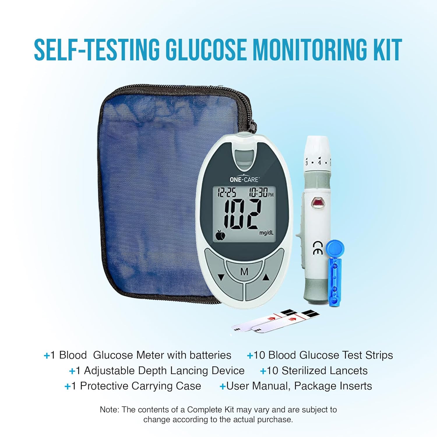 Glucose Monitoring System with Glucometer, 10 Test Strips, Lancing Device, 10 Lancets, and Carrying Case -Blood Sugar Testing Kit for Diabetes Patients, Complete Diabetic Self-Testing Kit with Meter, Strips, and Lancets for Fingerprick and Capillary Blood Testing