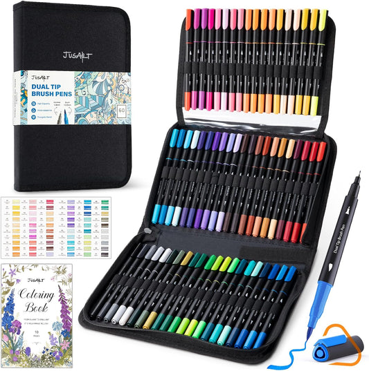 Markers for Adult Coloring Books No Bleeding, 60 Colors Coloring Markers with Dual Tips, Fine & Brush Pens with Ergonomic Triangle Grip & 33% More Ink, Water-Based Art Drawing Set for Adults