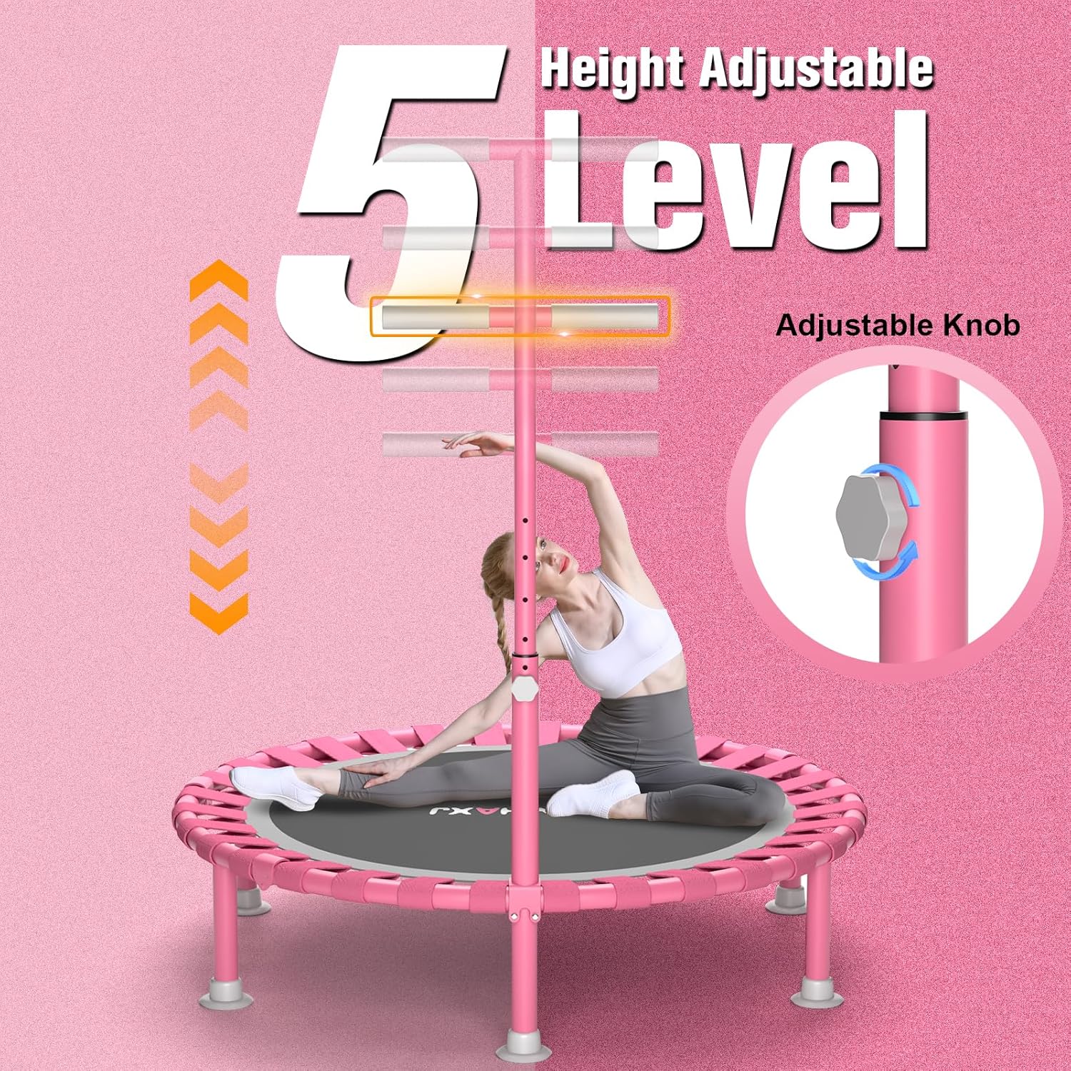 Foldable Mini Trampoline, 40" Rebounder Trampoline for Adults & Kids, 450Lbs Capacity with T-Shaped Adjustable Bar, Indoor Fitness Workout Exercise Equipment