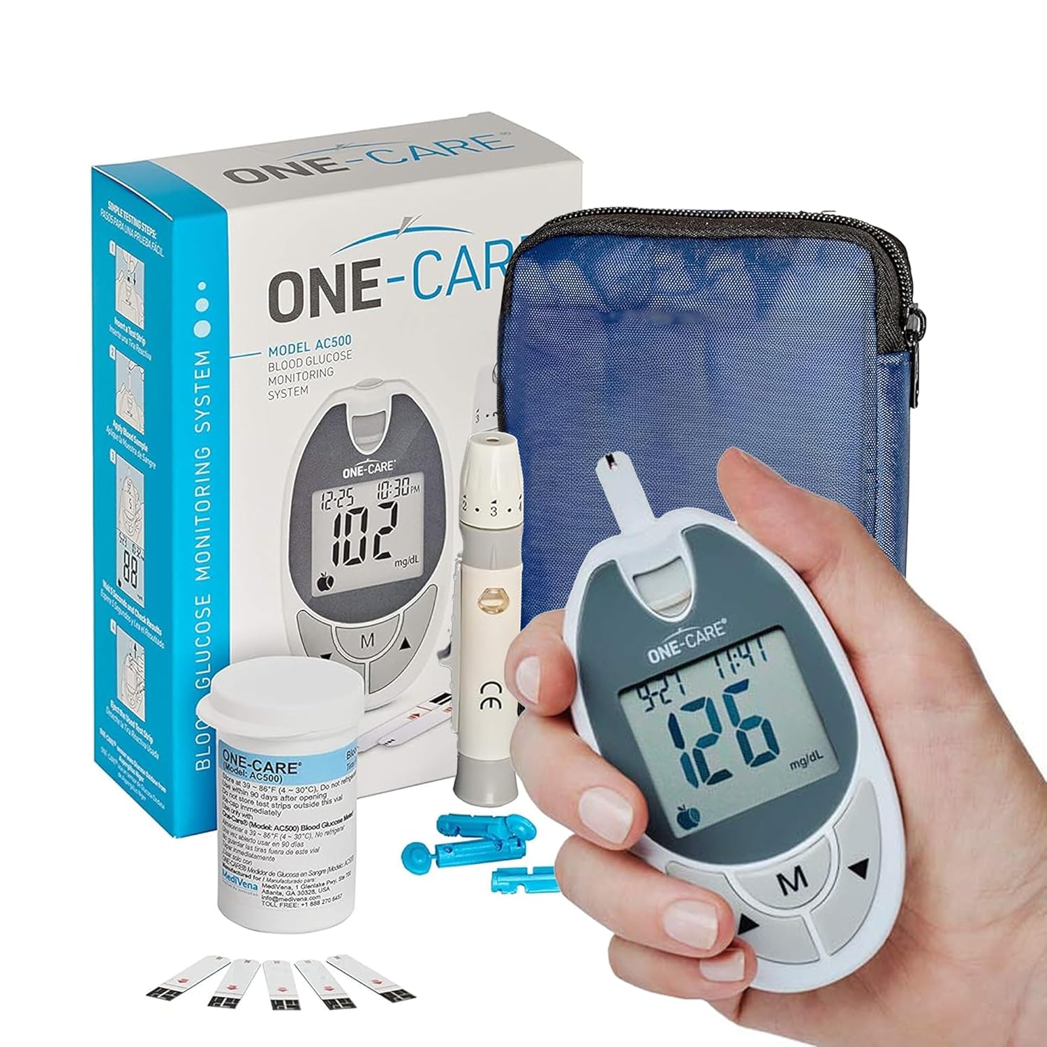 Glucose Monitoring System with Glucometer, 10 Test Strips, Lancing Device, 10 Lancets, and Carrying Case -Blood Sugar Testing Kit for Diabetes Patients, Complete Diabetic Self-Testing Kit with Meter, Strips, and Lancets for Fingerprick and Capillary Blood Testing