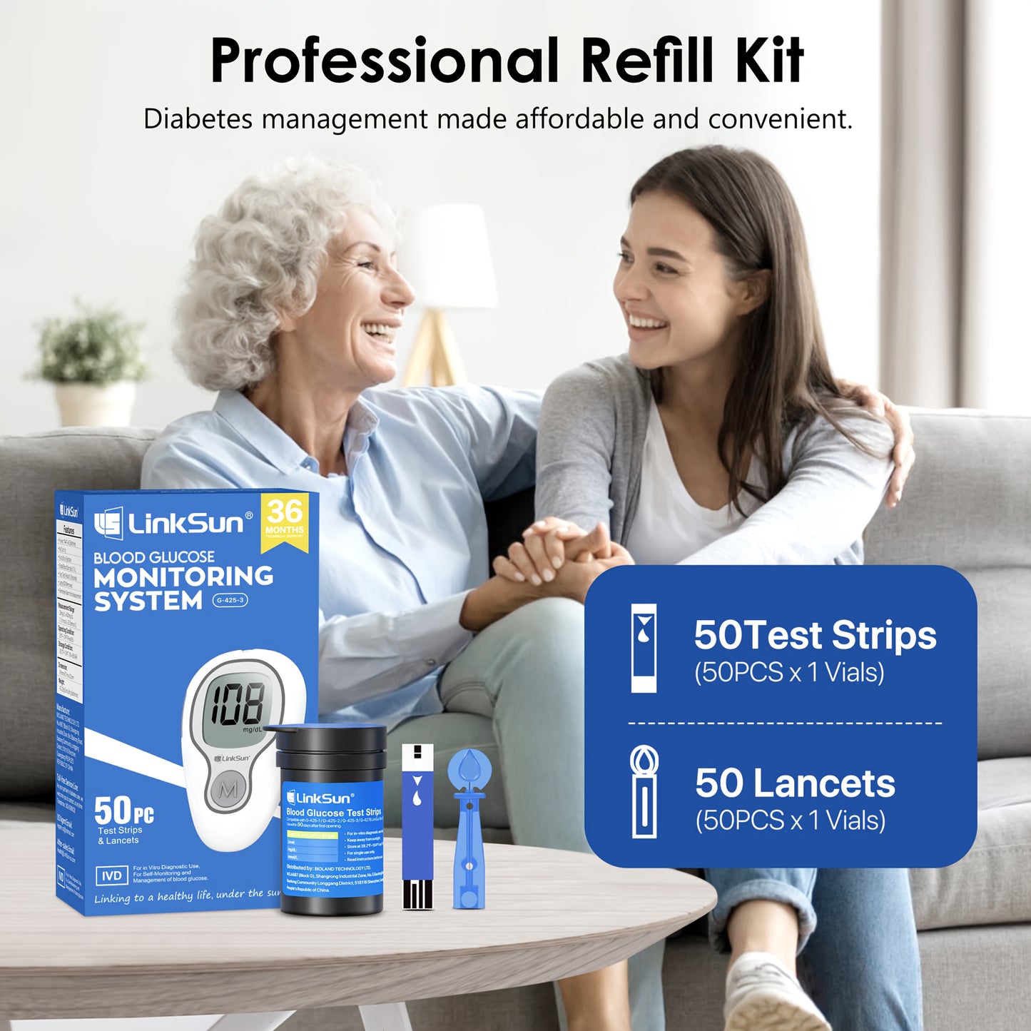 LinkSun G-425-3 Blood Glucose Monitor Kit, 100 Test Strips, 100 Lancets, 1 Blood Sugar Monitor, 1 Lancing Device, Diabetes Testing Kit No Coding, Glucometer Large Display, Diabetes Testing Kit for Home Use