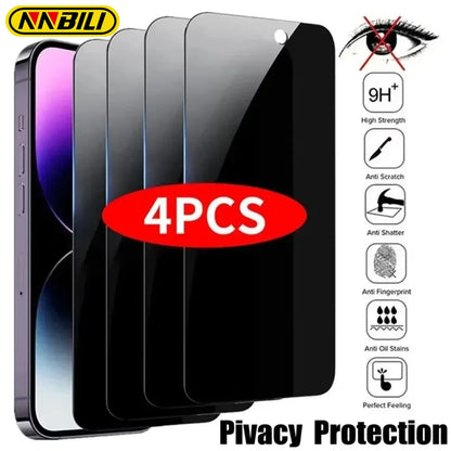 NNBILI 4Pcs Full Cover Privacy Screen Protector For iPhone 11 12 13 14 15 16 Pro Max Anti-spy Glass For iPhone16 Plus 16e Glass