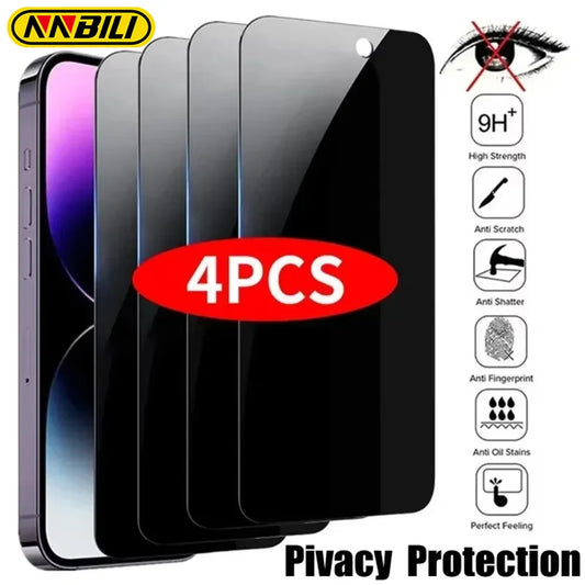 NNBILI 4Pcs Full Cover Privacy Screen Protector For iPhone 11 12 13 14 15 16 Pro Max Anti-spy Glass For iPhone16 Plus 16e Glass