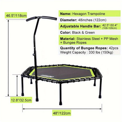 ONETWOFIT 1pc 48" Mini Trampoline With Adjustable Handle Bar, Fitness Trampoline For Workout